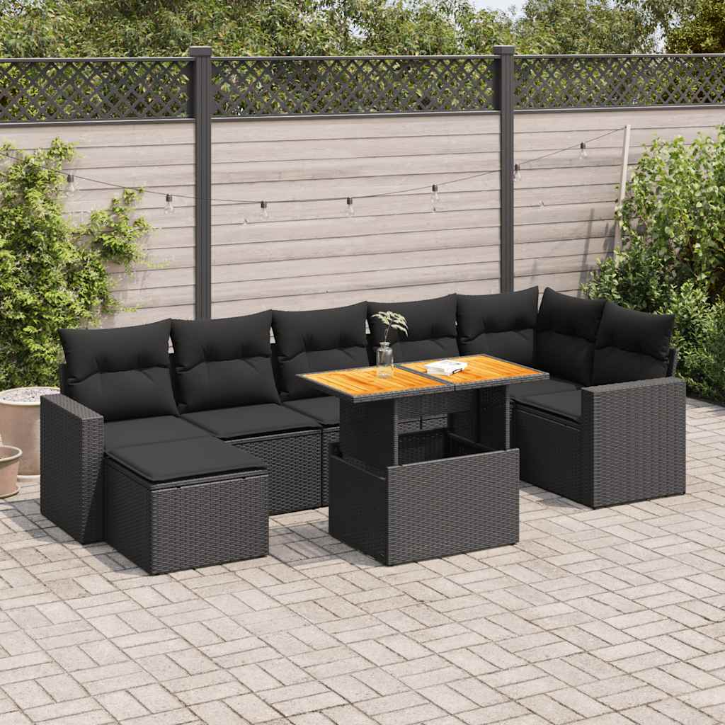 Set mobilier de grădină cu perne, 8 piese, negru, poliratan