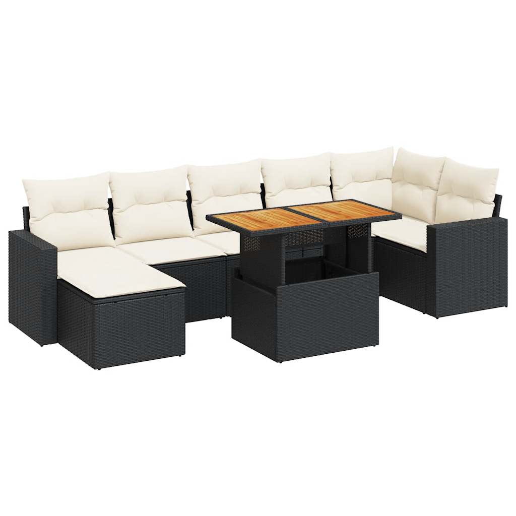 Set mobilier de grădină cu perne, 8 piese, negru, poliratan