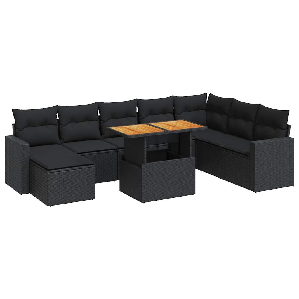 Set mobilier de grădină cu perne, 9 piese, negru, poliratan