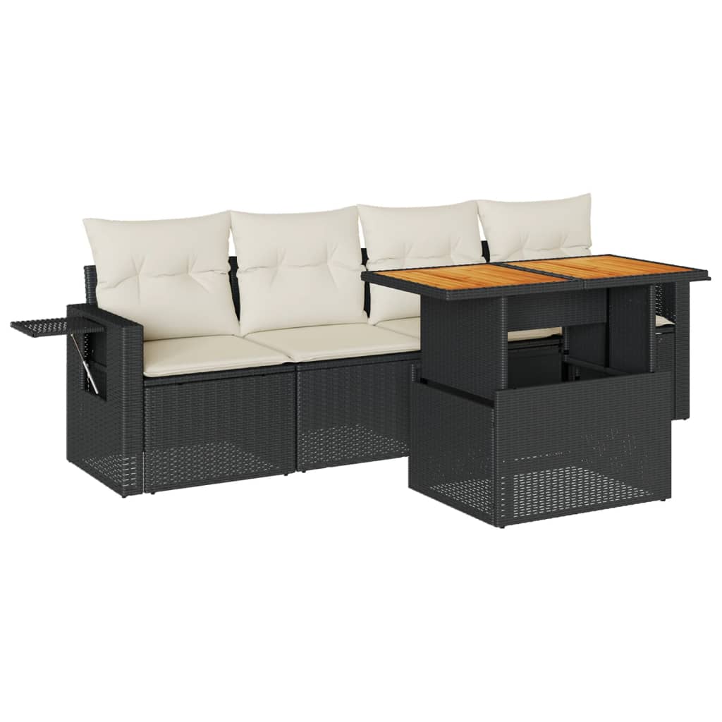 Set mobilier de grădină cu perne, 5 piese, negru, poliratan