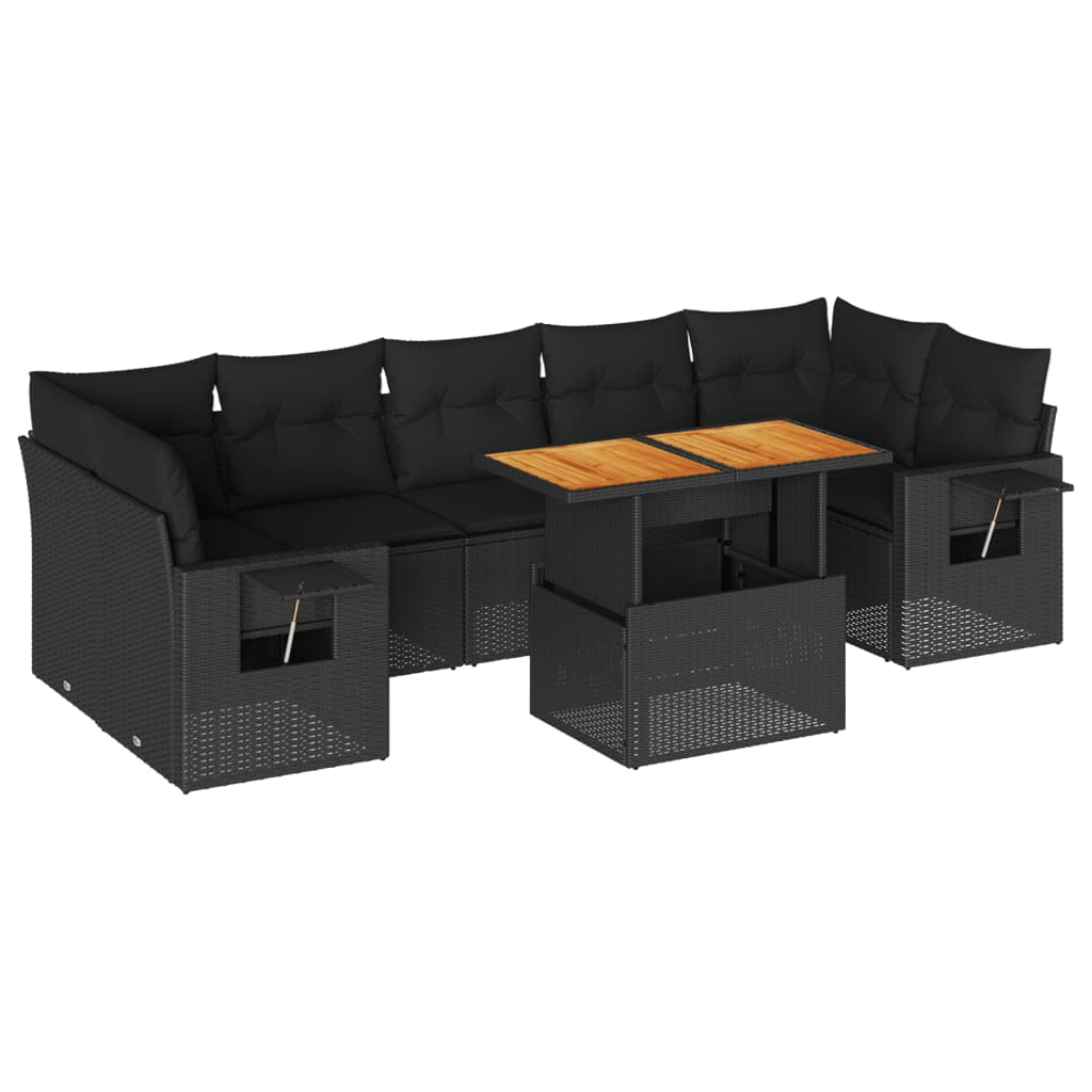 Set mobilier de grădină cu perne, 8 piese, negru, poliratan