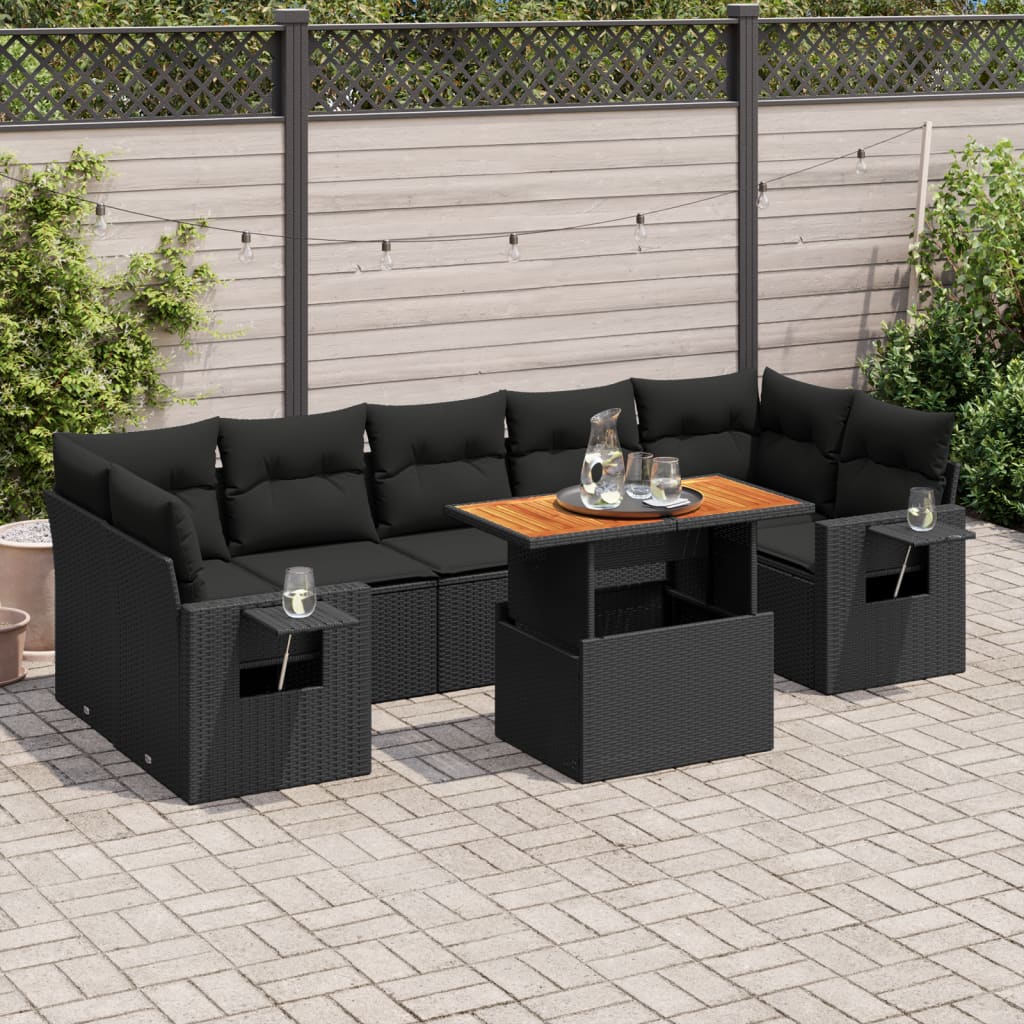 Set mobilier de grădină cu perne, 8 piese, negru, poliratan