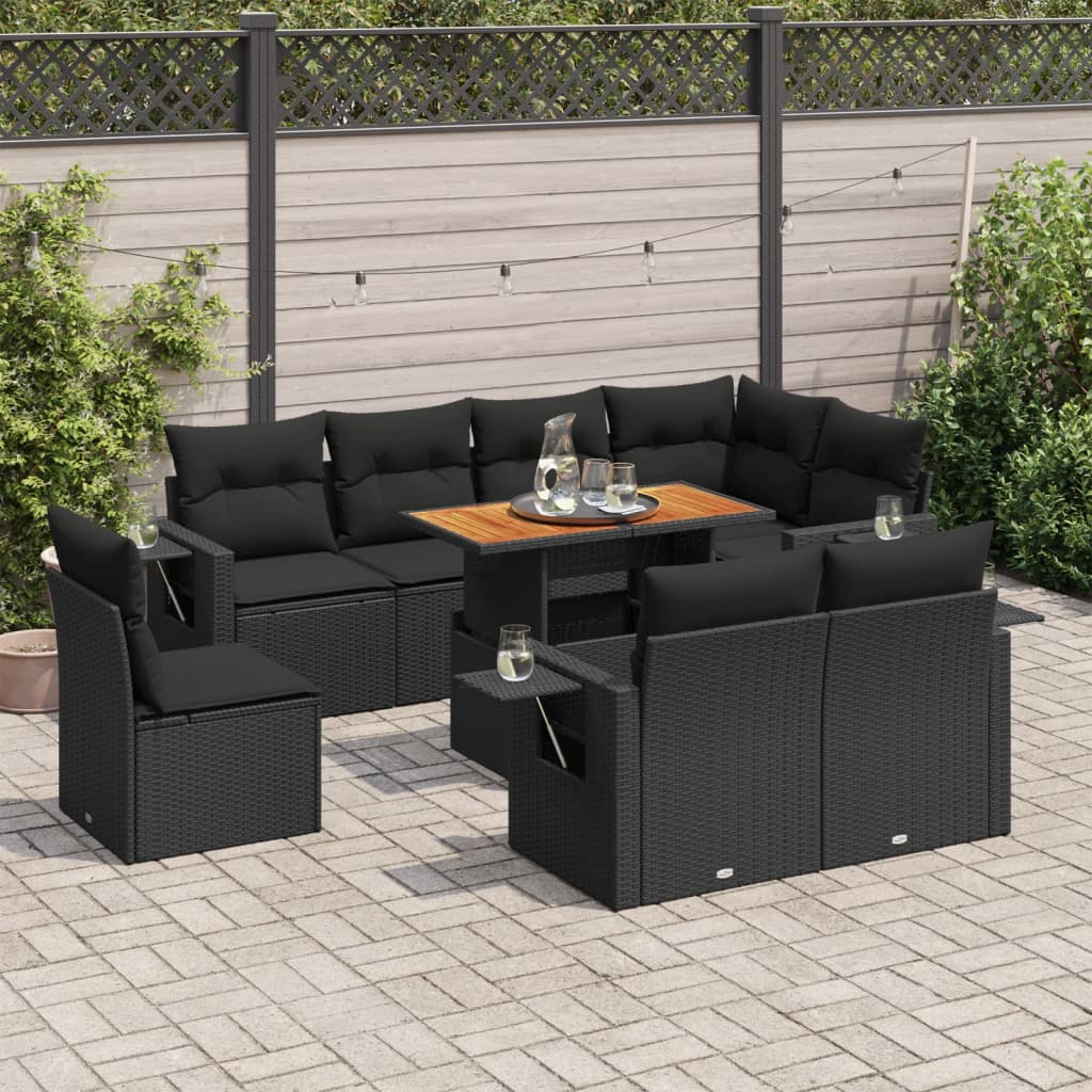 Set mobilier de grădină cu perne, 9 piese, negru, poliratan