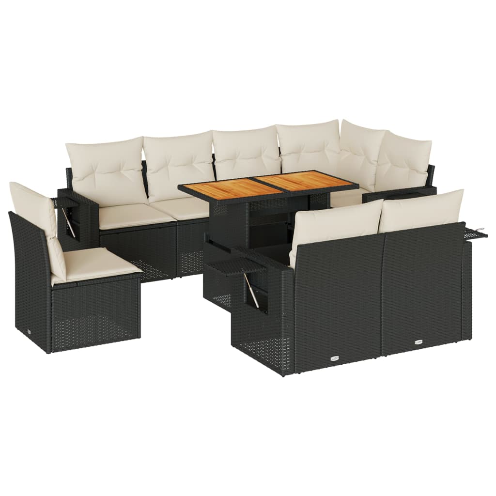 Set mobilier de grădină cu perne, 9 piese, negru, poliratan