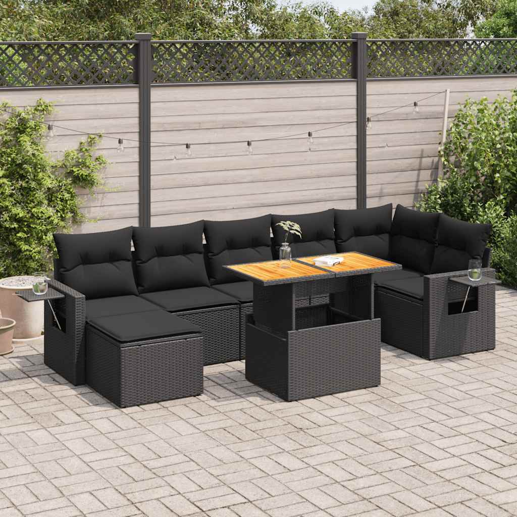 Set mobilier de grădină cu perne, 8 piese, negru, poliratan