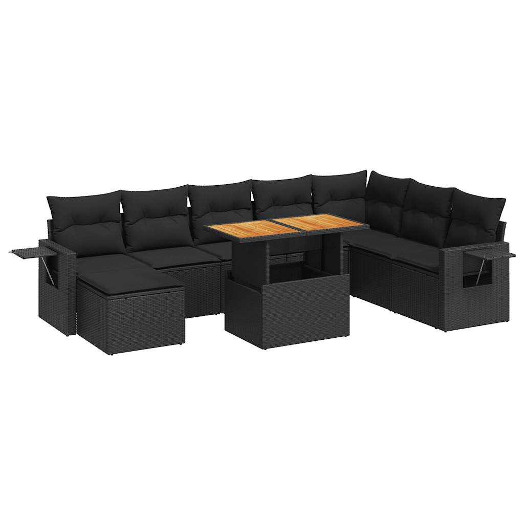 Set mobilier de grădină cu perne, 9 piese, negru, poliratan