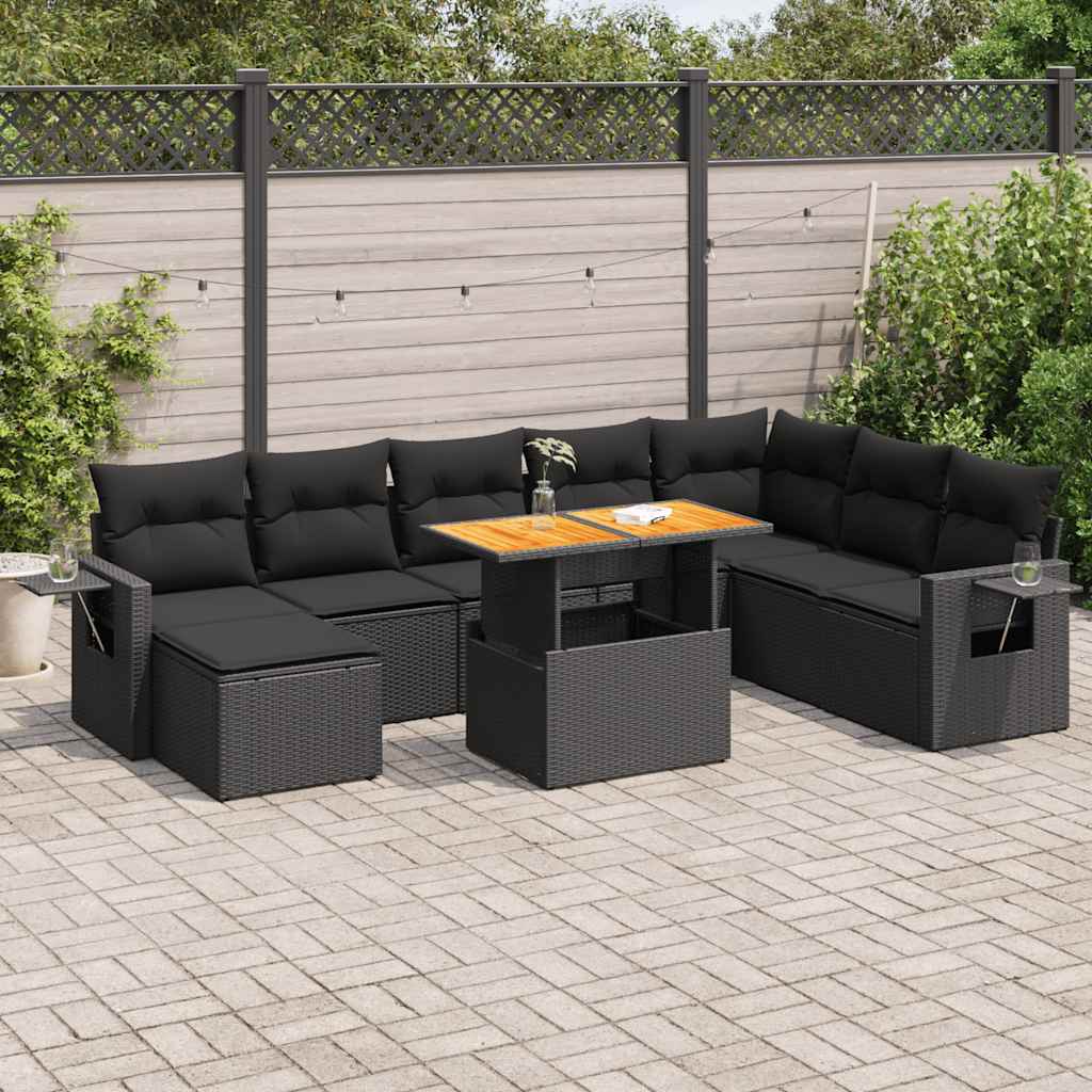 Set mobilier de grădină cu perne, 9 piese, negru, poliratan