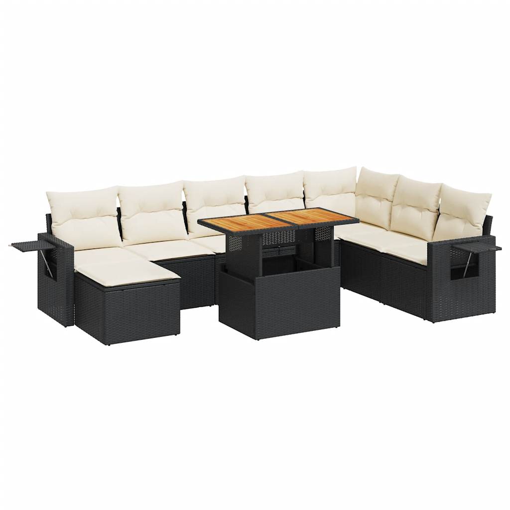 Set mobilier de grădină cu perne, 9 piese, negru, poliratan