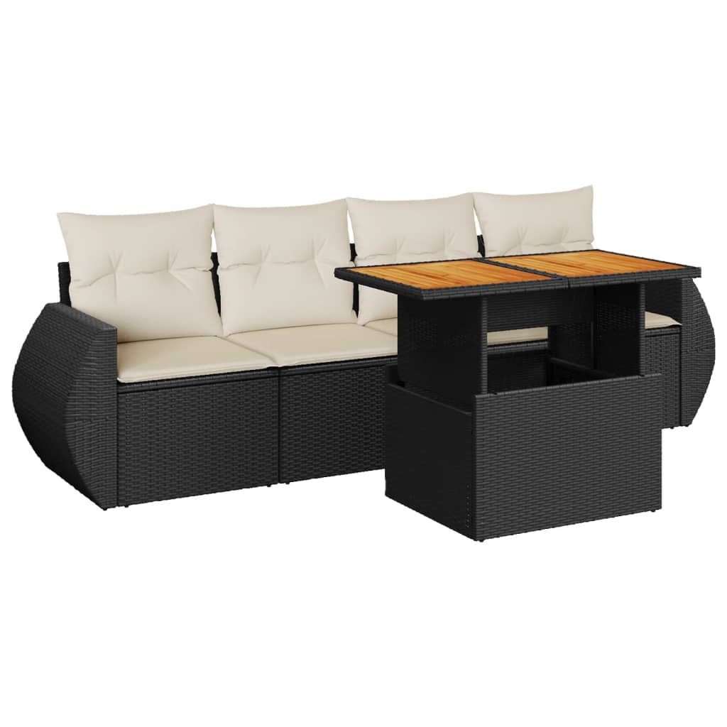 Set mobilier de grădină cu perne, 5 piese, negru, poliratan