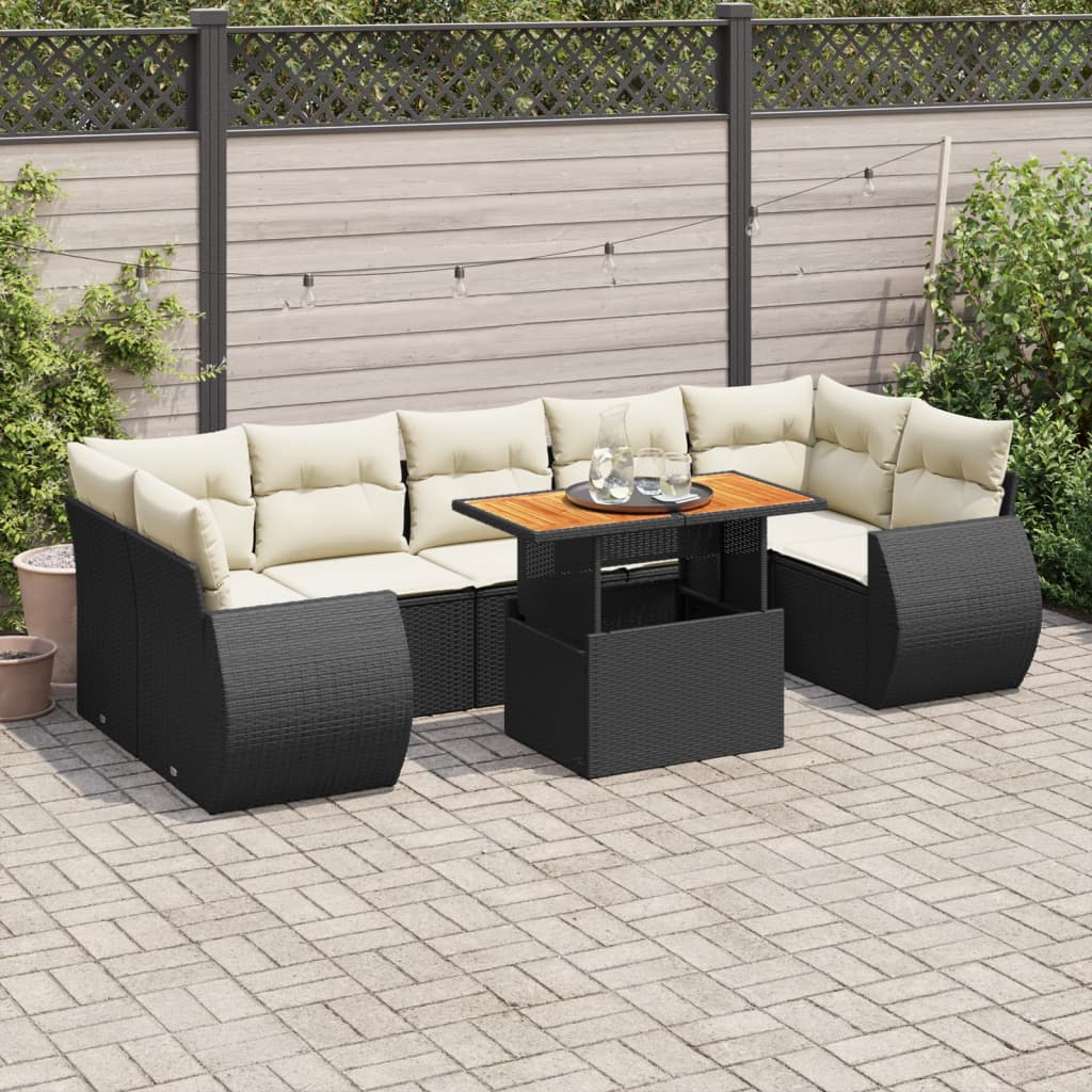 Set mobilier de grădină cu perne, 8 piese, negru, poliratan