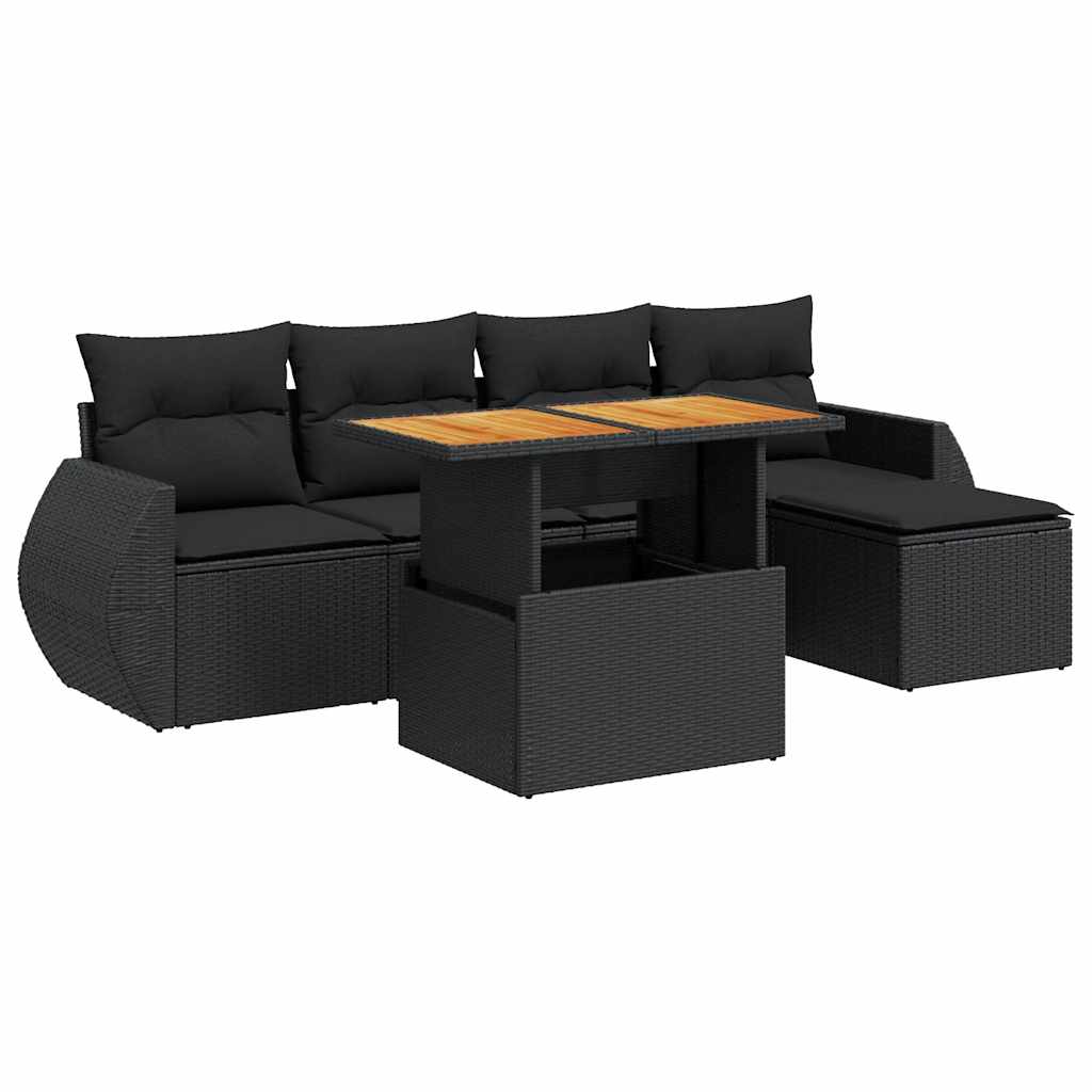 Set mobilier de grădină cu perne, 6 piese, negru, poliratan