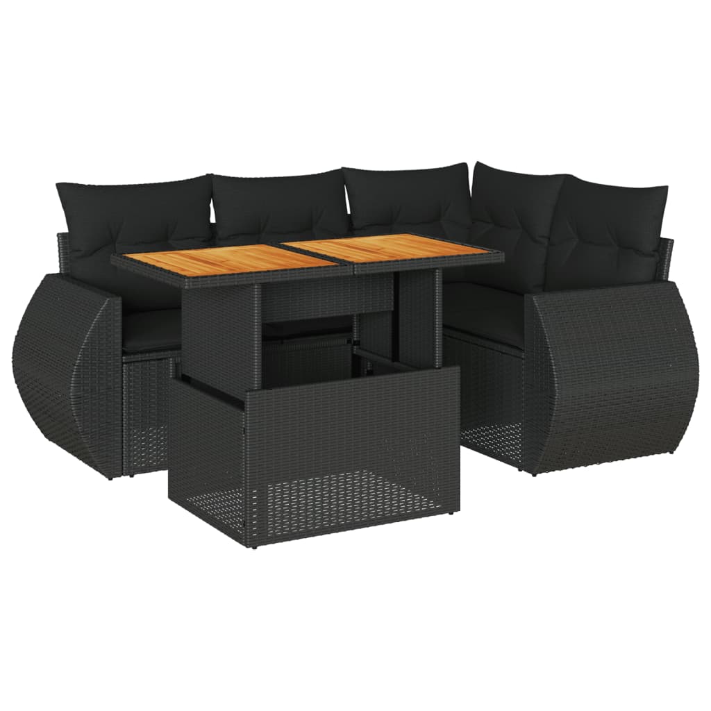 Set mobilier de grădină cu perne, 5 piese, negru, poliratan