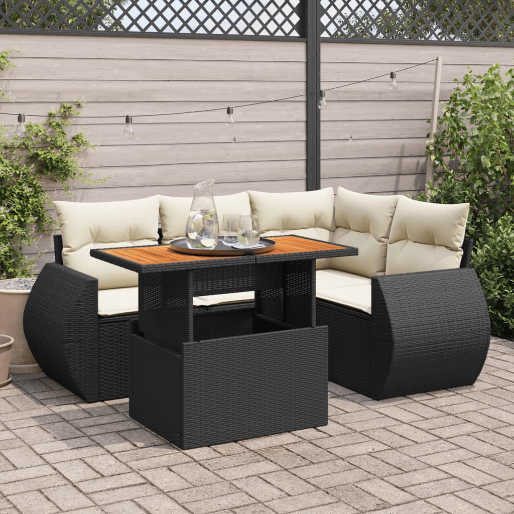 Set mobilier de grădină cu perne, 5 piese, negru, poliratan