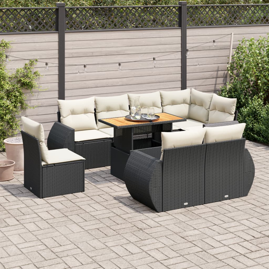 Set mobilier de grădină cu perne, 9 piese, negru, poliratan