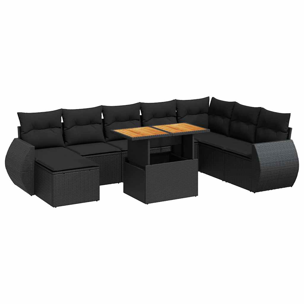 Set mobilier de grădină cu perne, 9 piese, negru, poliratan