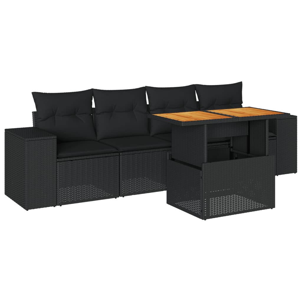 Set mobilier de grădină cu perne, 5 piese, negru, poliratan