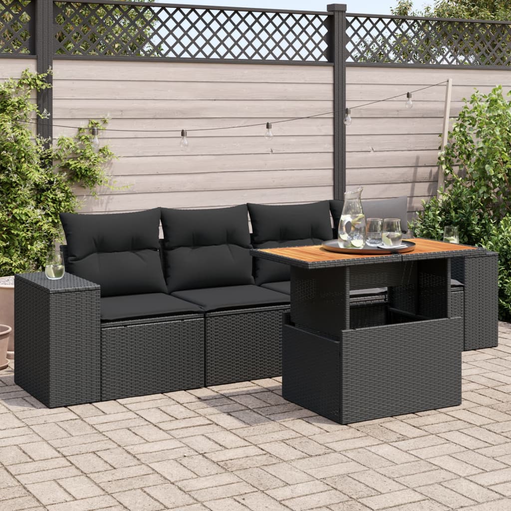 Set mobilier de grădină cu perne, 5 piese, negru, poliratan