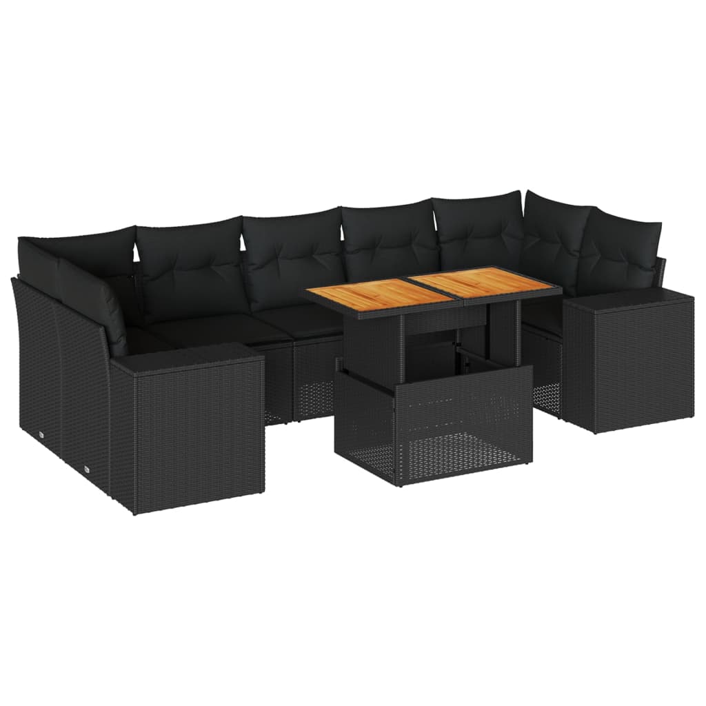 Set mobilier de grădină cu perne, 8 piese, negru, poliratan