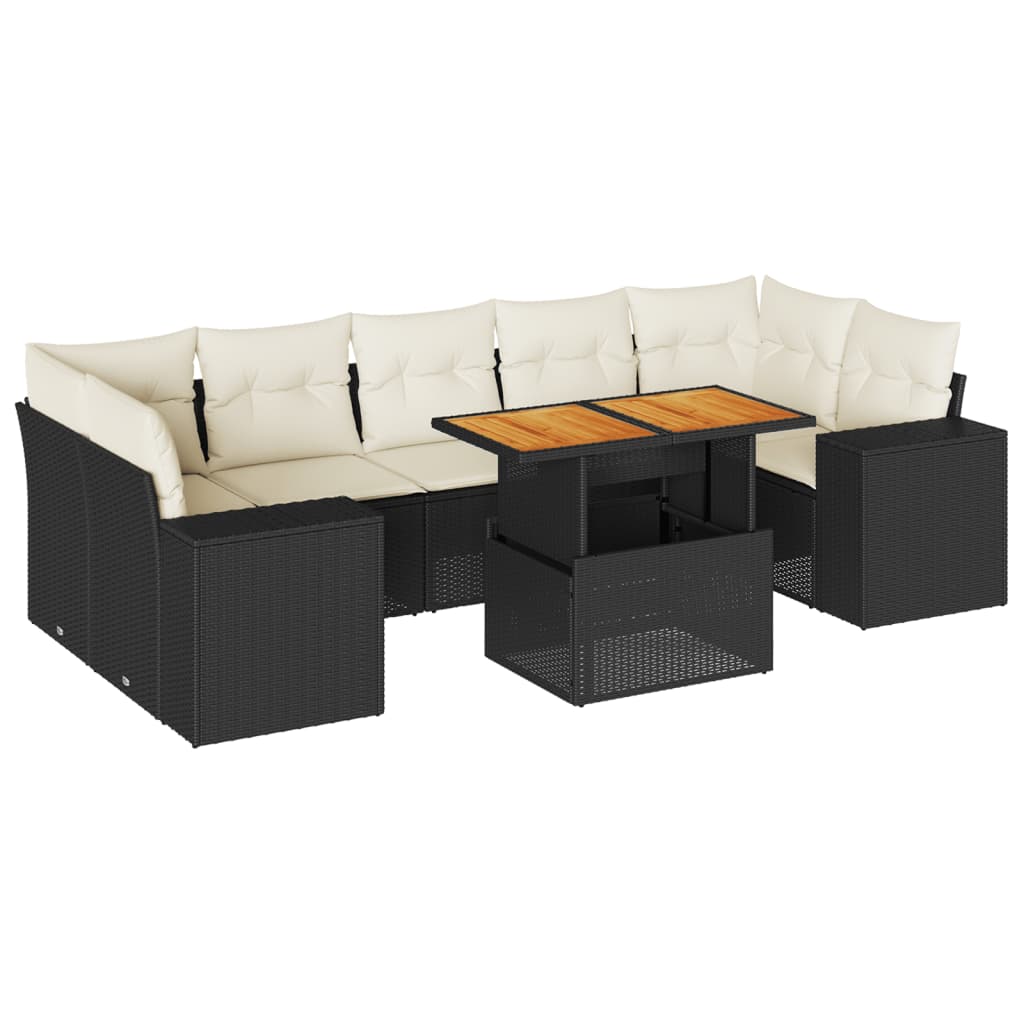 Set mobilier de grădină cu perne, 8 piese, negru, poliratan