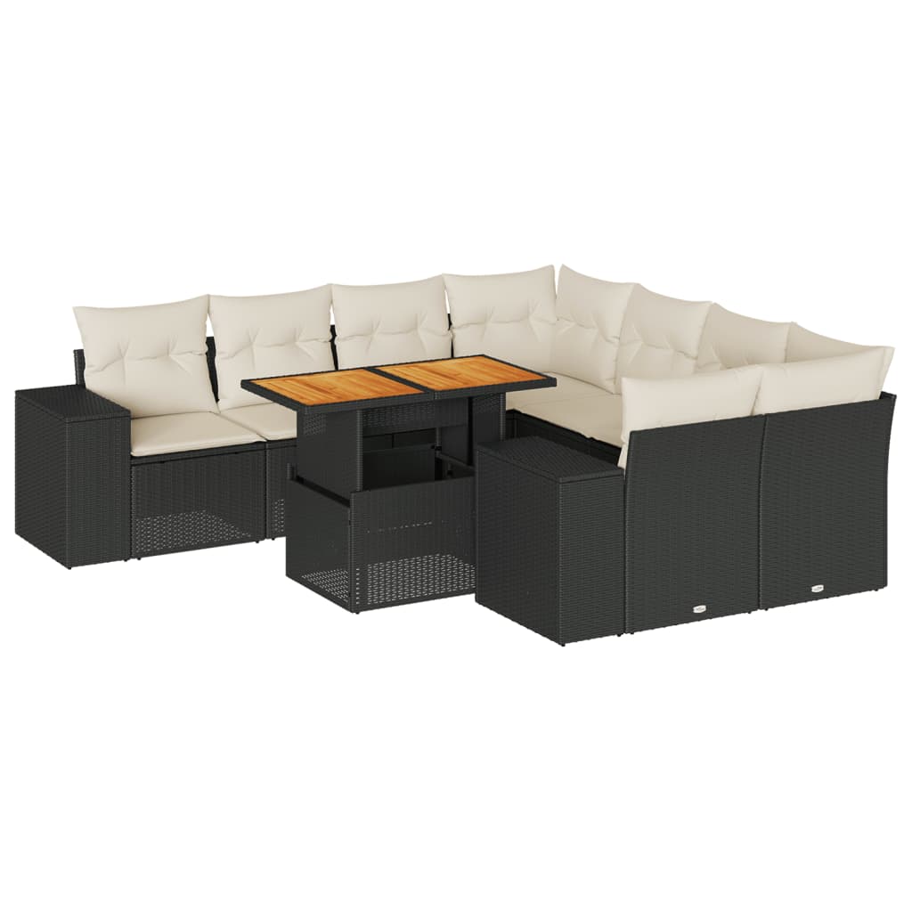 Set mobilier de grădină cu perne, 9 piese, negru, poliratan