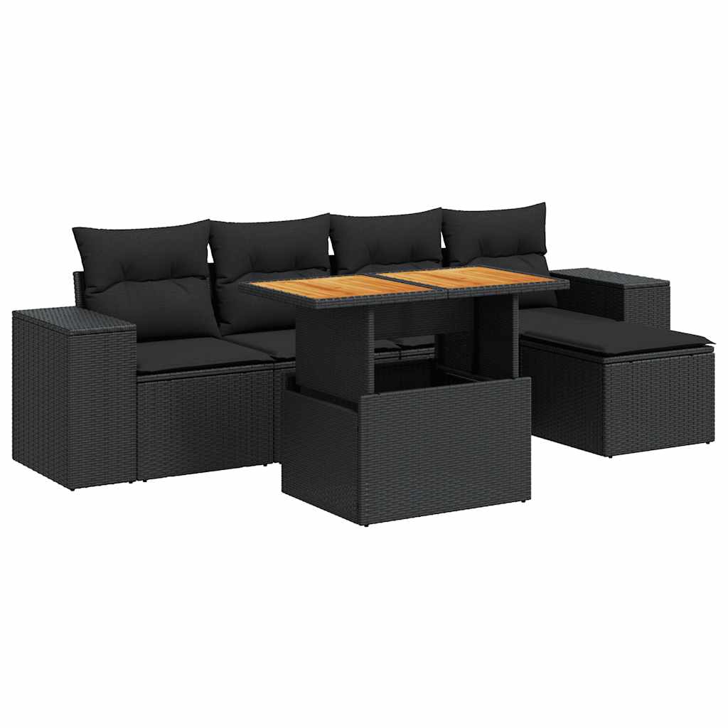 Set mobilier de grădină cu perne, 6 piese, negru, poliratan