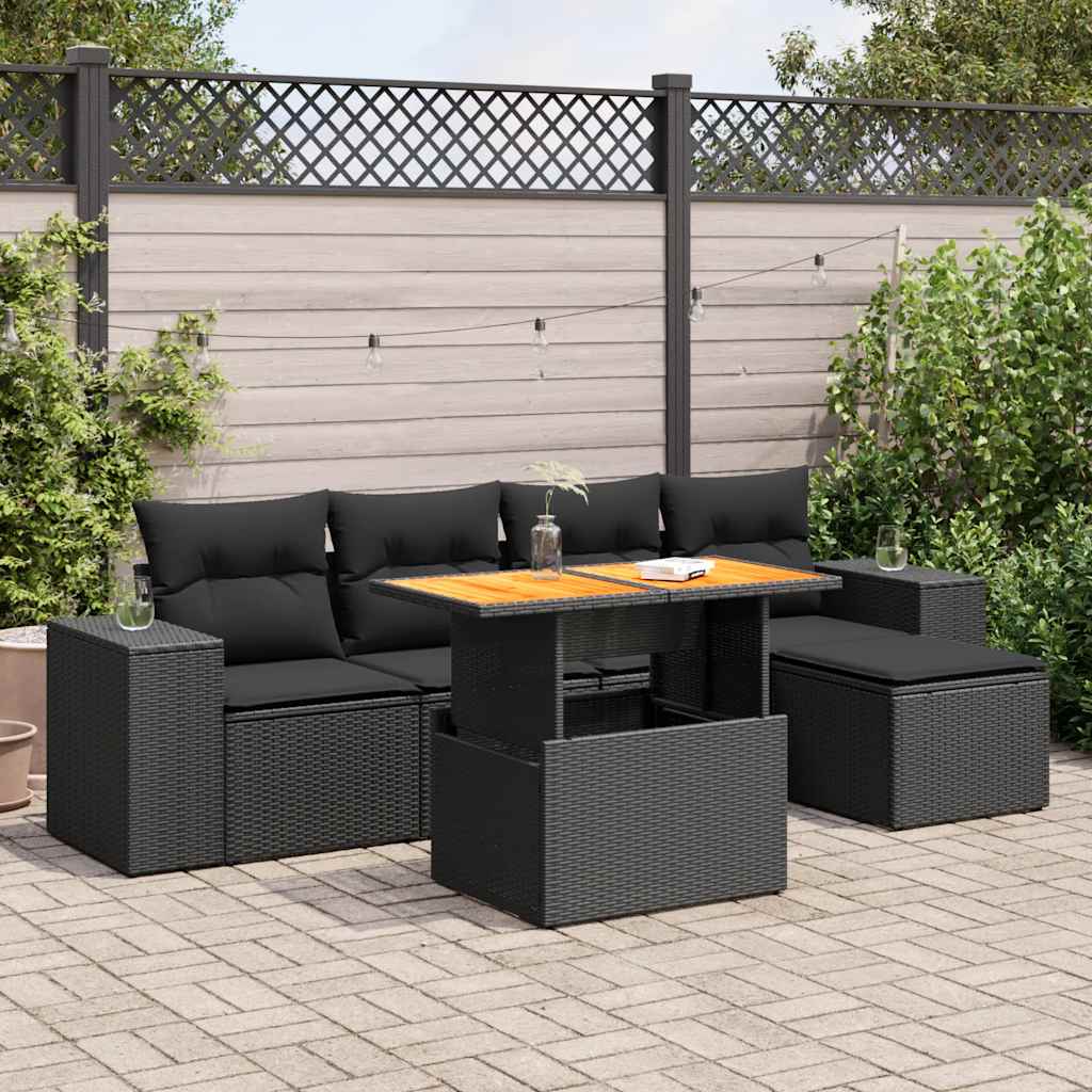 Set mobilier de grădină cu perne, 6 piese, negru, poliratan