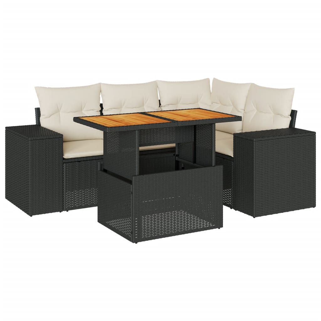 Set mobilier de grădină cu perne, 5 piese, negru, poliratan