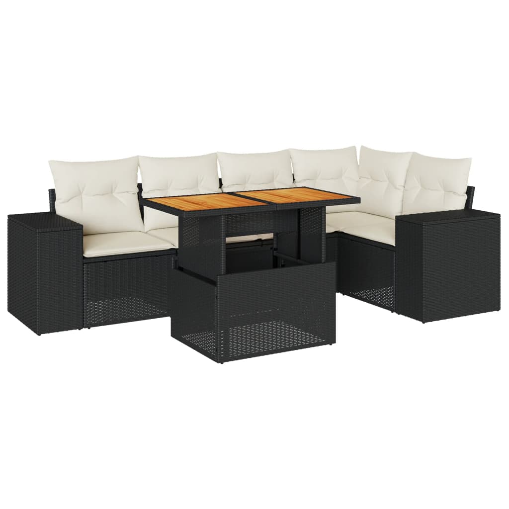 Set mobilier de grădină cu perne, 6 piese, negru, poliratan