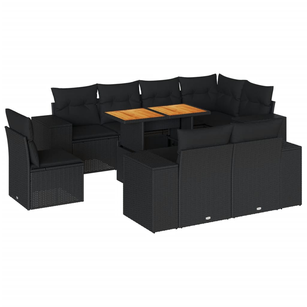 Set mobilier de grădină cu perne, 9 piese, negru, poliratan