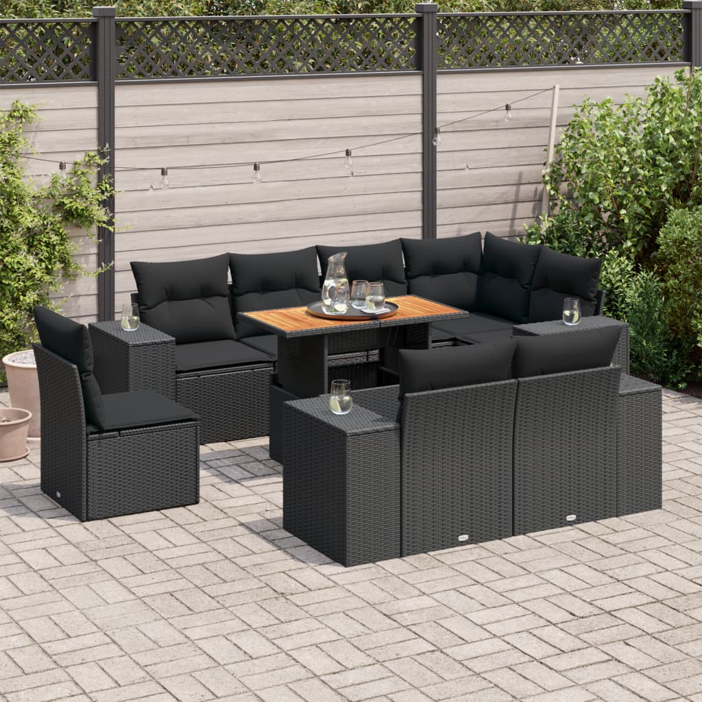 Set mobilier de grădină cu perne, 9 piese, negru, poliratan