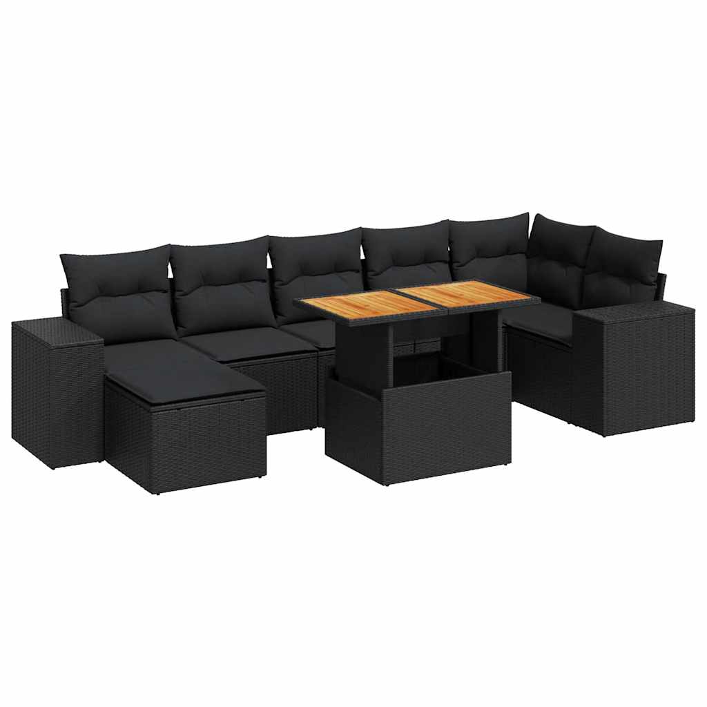 Set mobilier de grădină cu perne, 8 piese, negru, poliratan