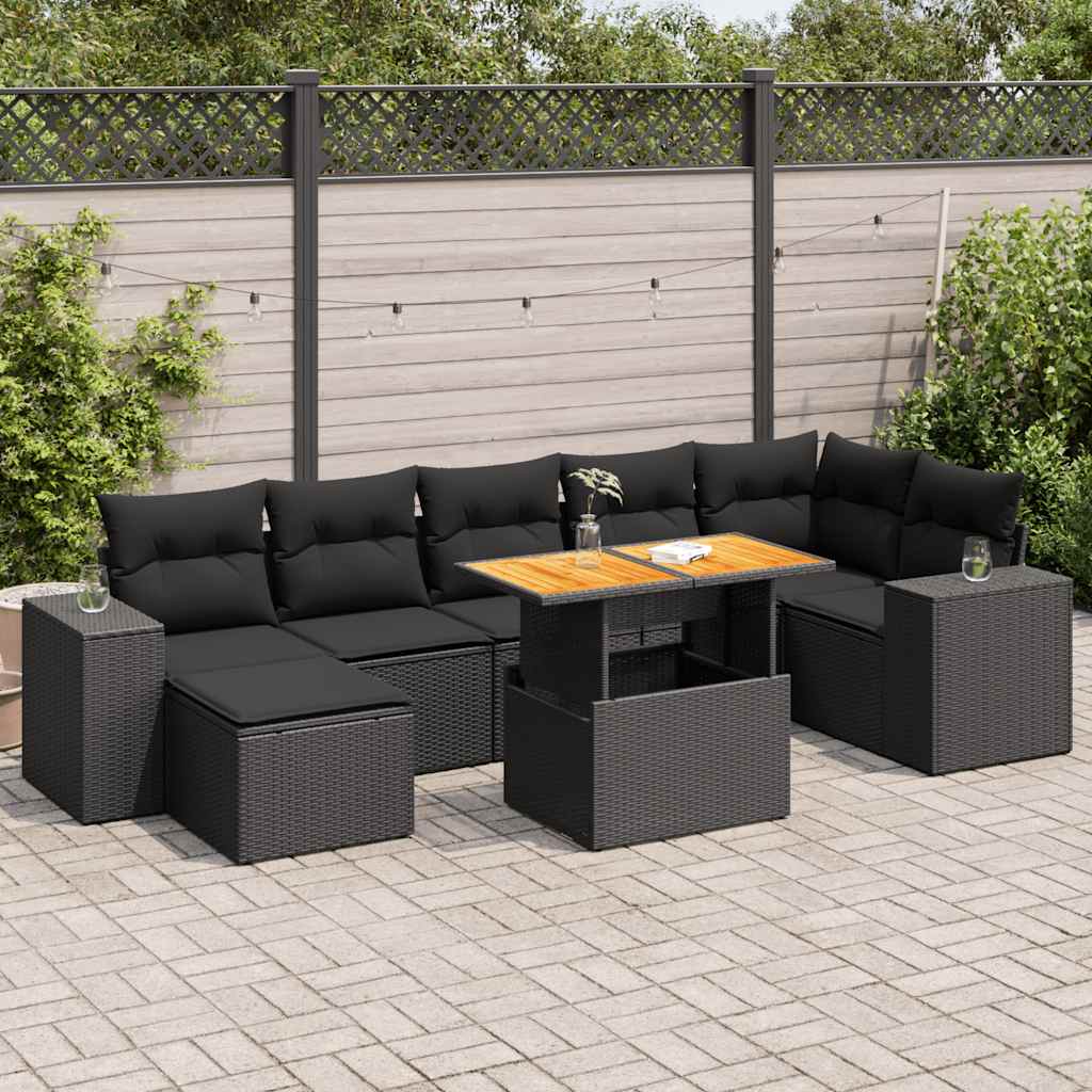 Set mobilier de grădină cu perne, 8 piese, negru, poliratan