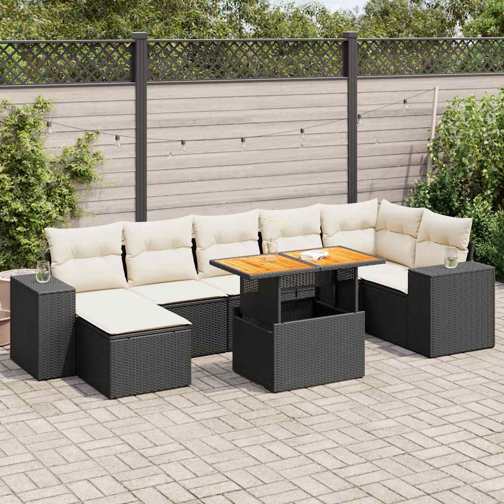 Set mobilier de grădină cu perne, 8 piese, negru, poliratan