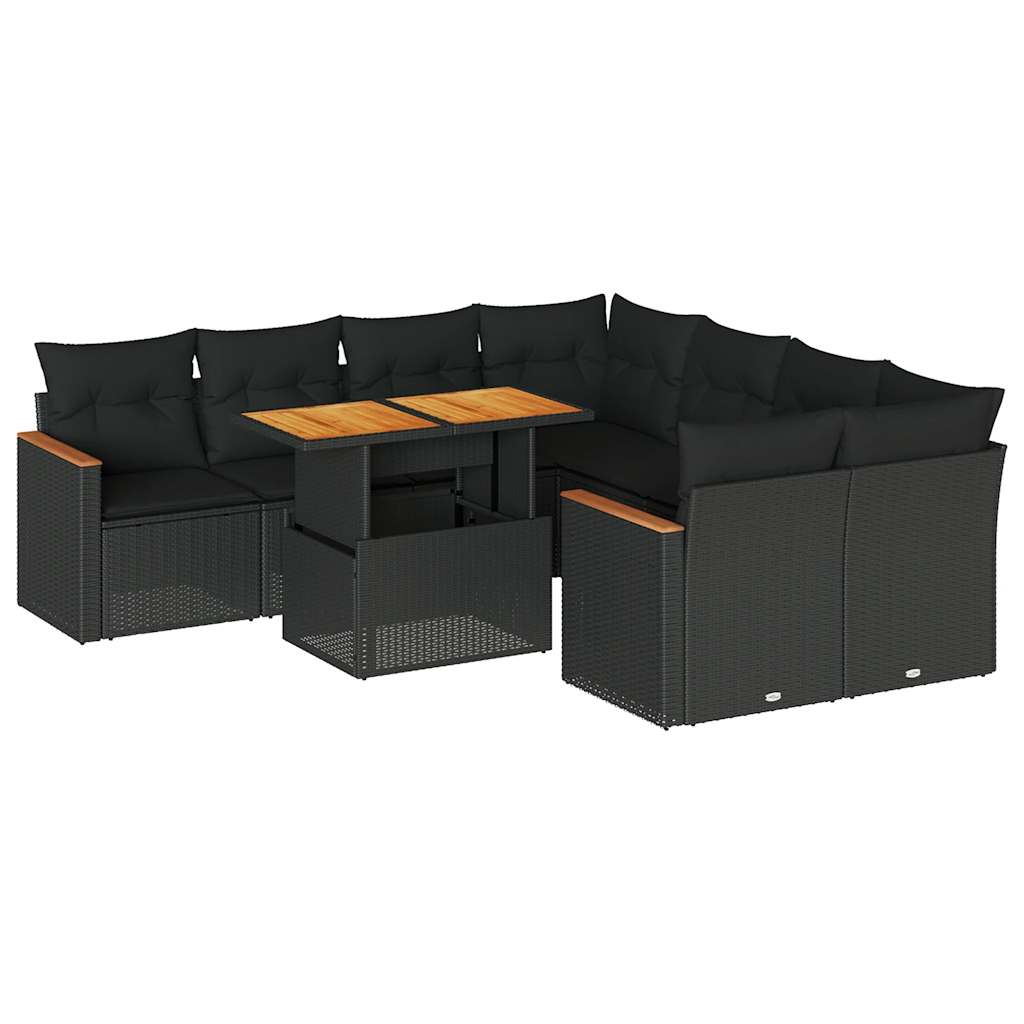 Set mobilier grădină perne 9 piese negru poliratan/lemn acacia