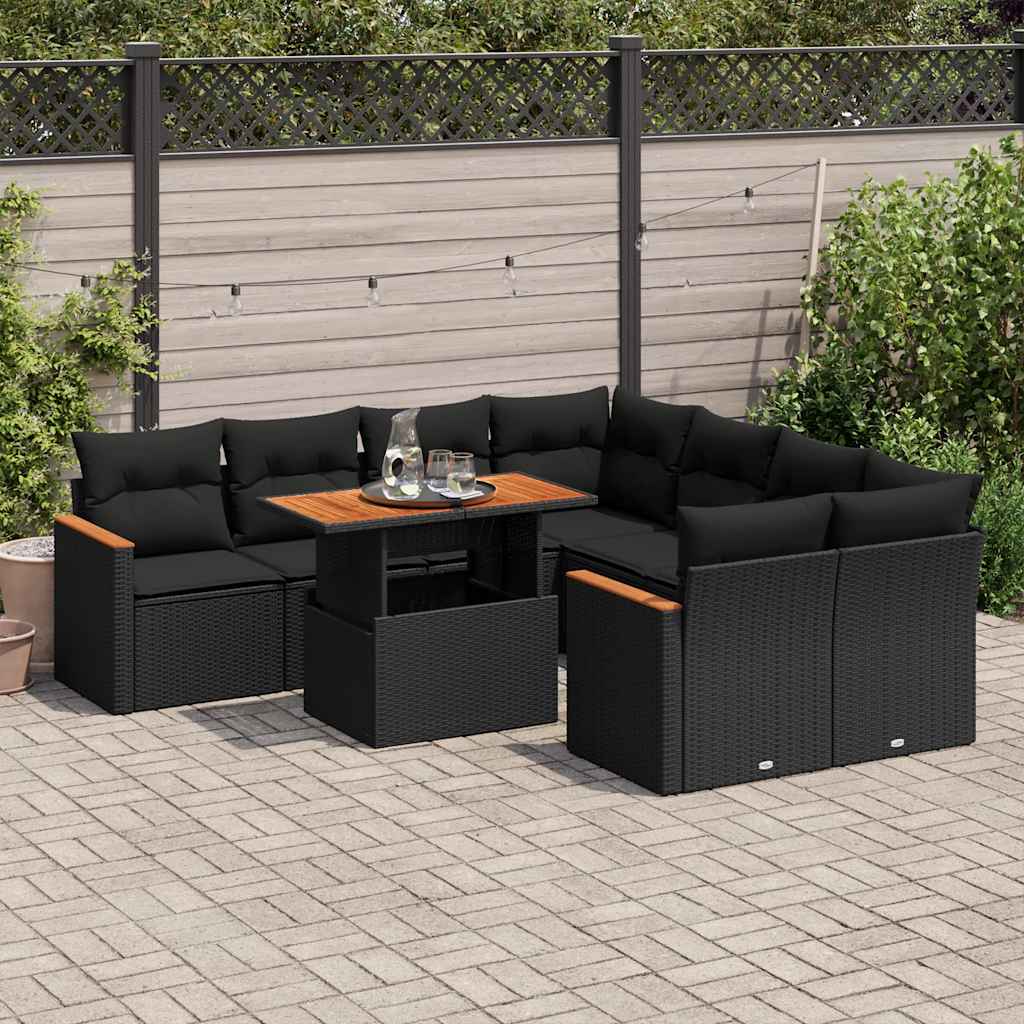 Set mobilier grădină perne 9 piese negru poliratan/lemn acacia