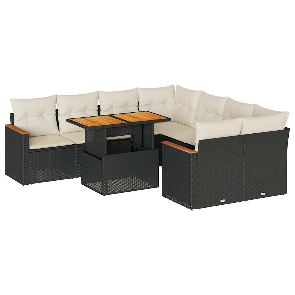 Set mobilier grădină perne 9 piese negru poliratan/lemn acacia