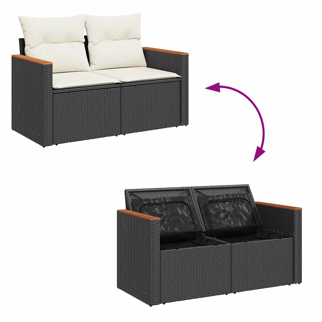 Set mobilier grădină perne 9 piese negru poliratan/lemn acacia