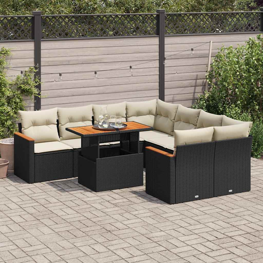 Set mobilier grădină perne 9 piese negru poliratan/lemn acacia