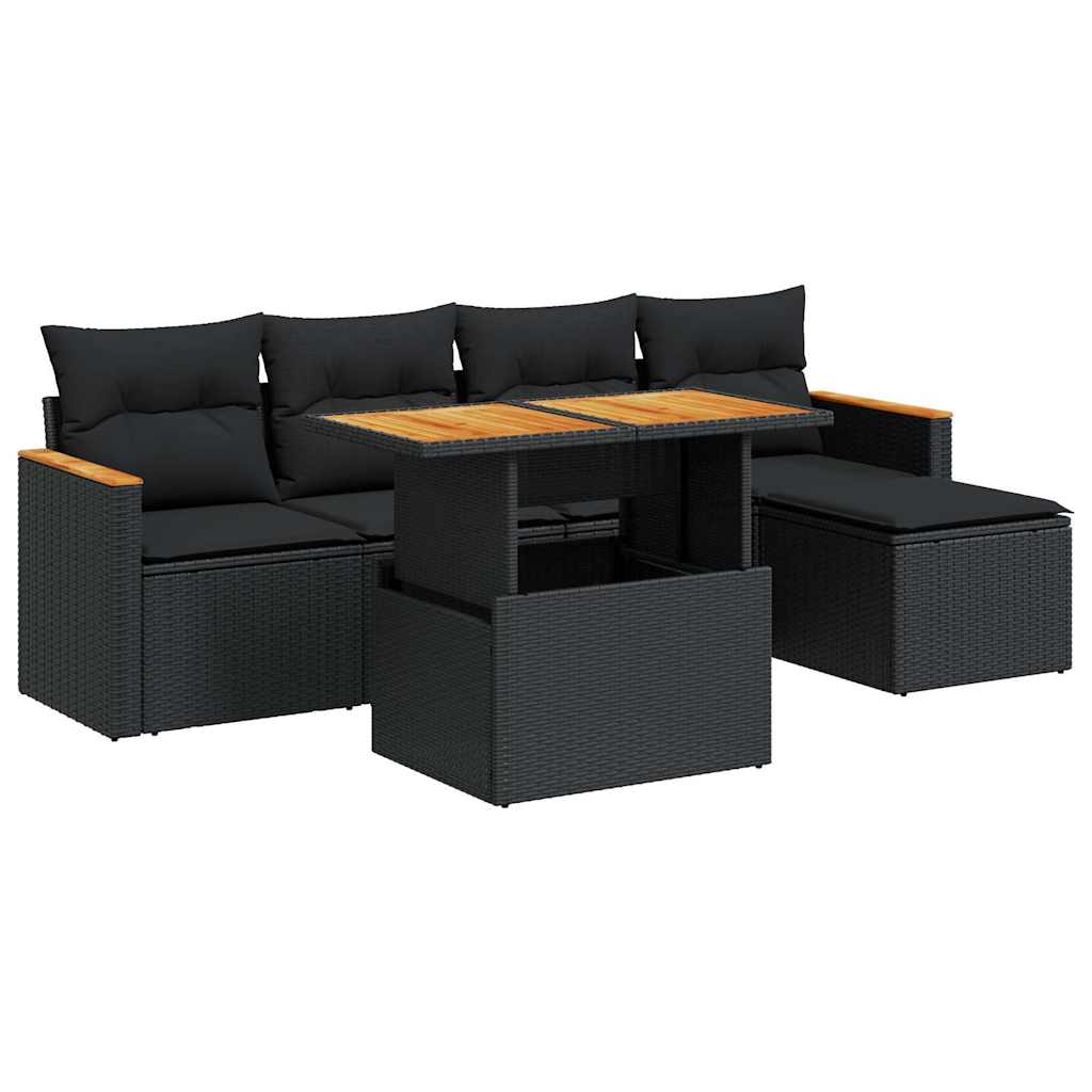 Set mobilier grădină perne 6 piese negru poliratan/lemn acacia