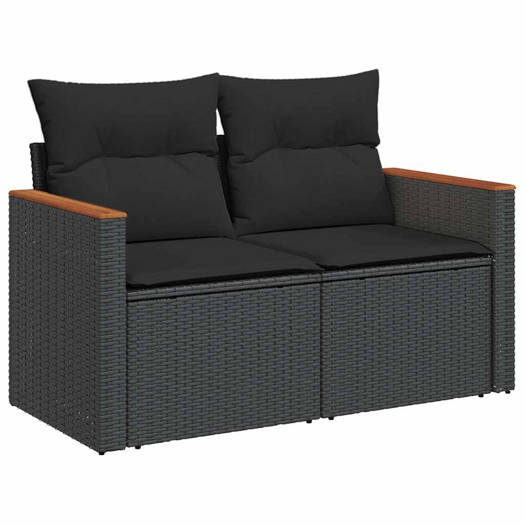 Set mobilier grădină perne 6 piese negru poliratan/lemn acacia