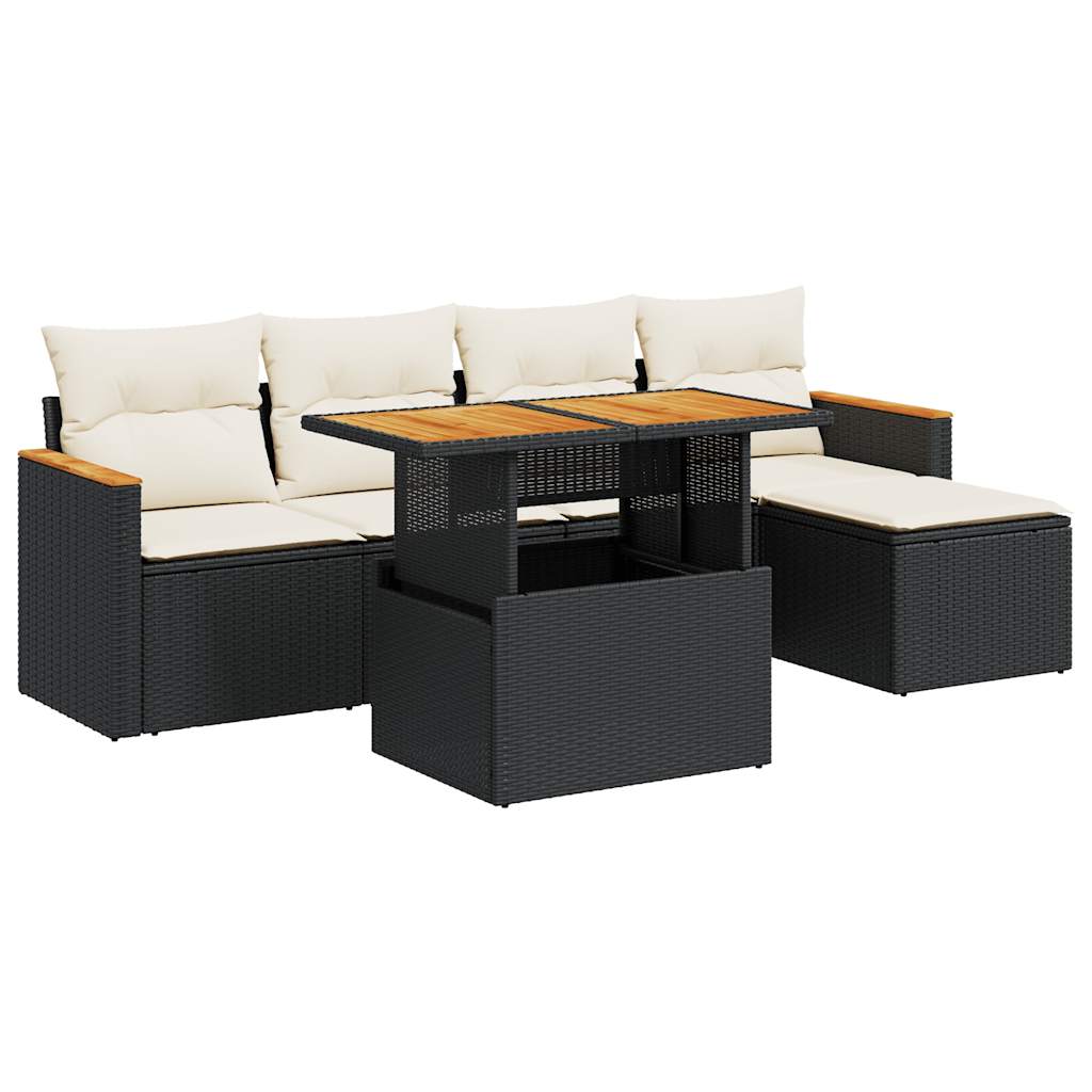 Set mobilier grădină perne 6 piese negru poliratan/lemn acacia