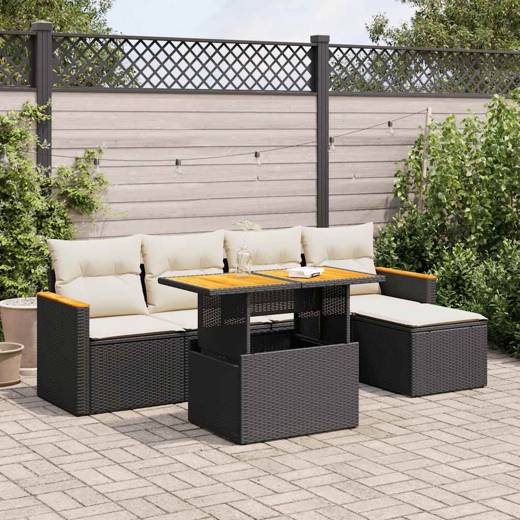 Set mobilier grădină perne 6 piese negru poliratan/lemn acacia