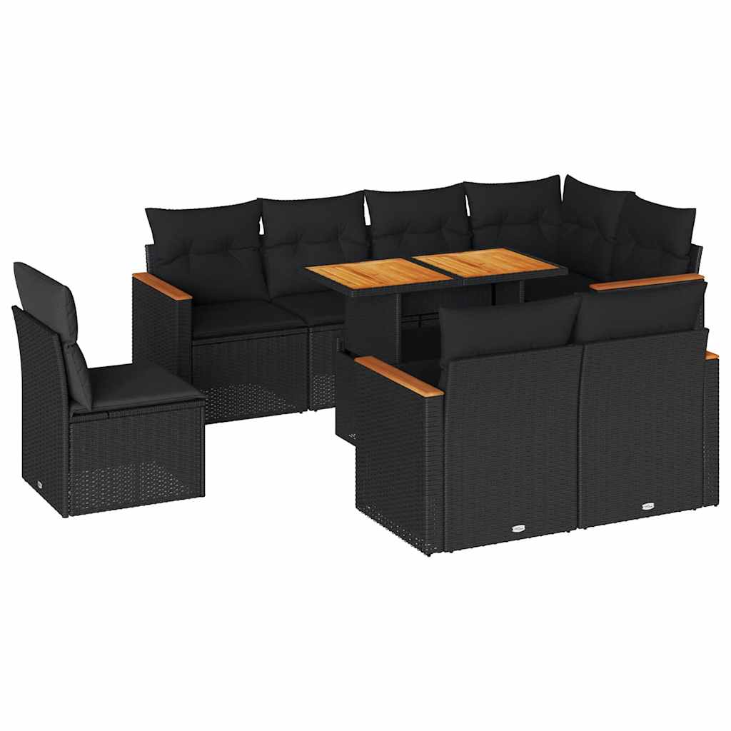 Set mobilier grădină perne 9 piese negru poliratan/lemn acacia