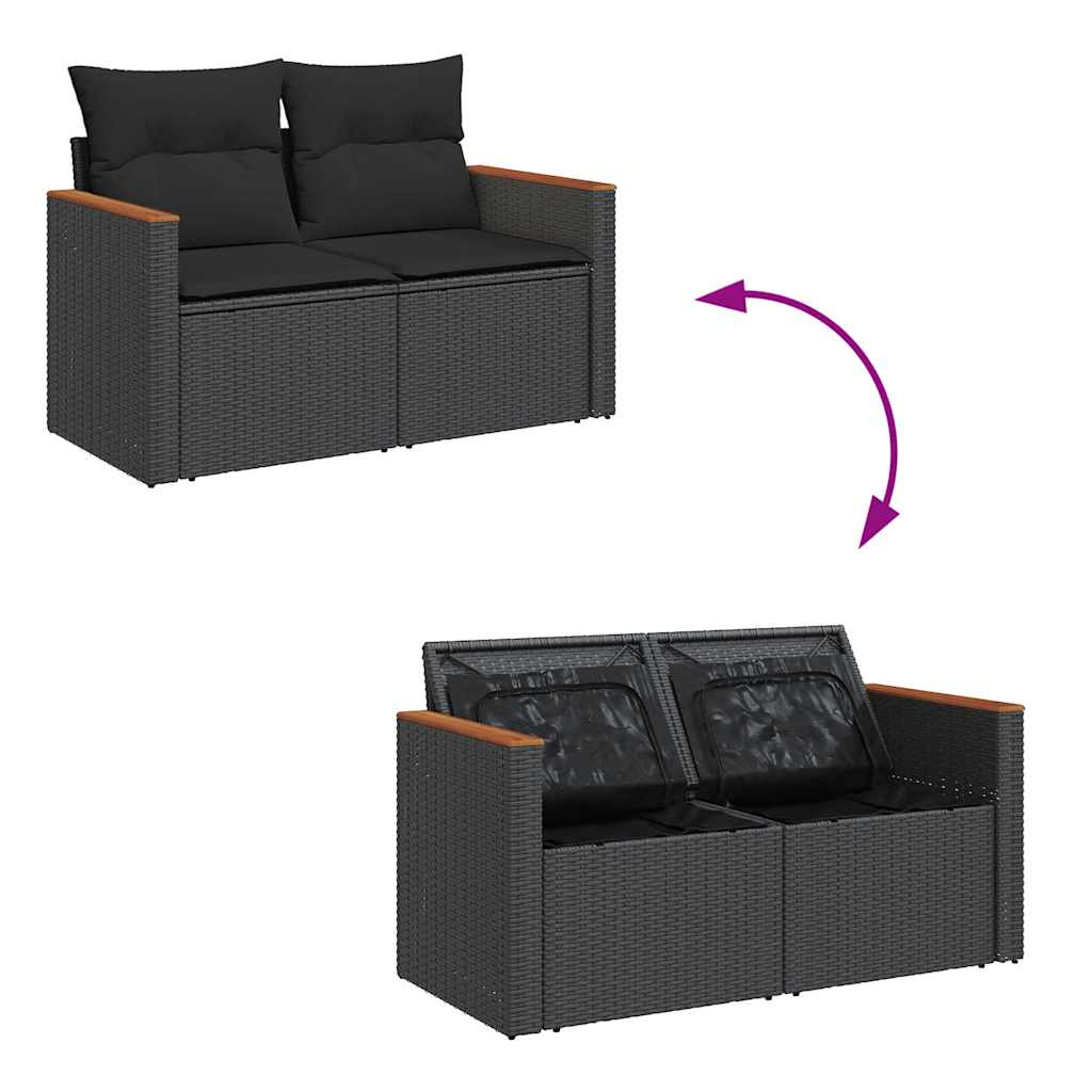 Set mobilier grădină perne 9 piese negru poliratan/lemn acacia