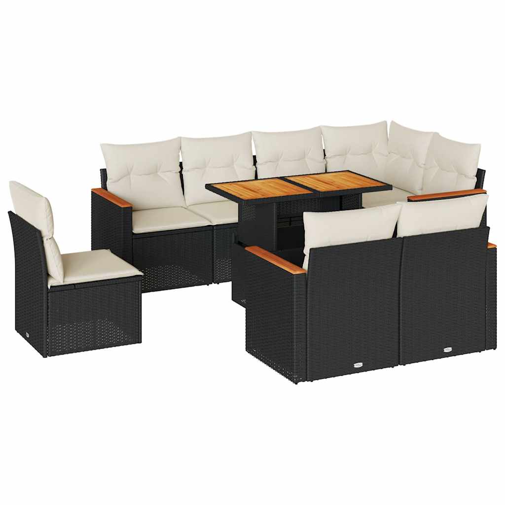 Set mobilier grădină perne 9 piese negru poliratan/lemn acacia