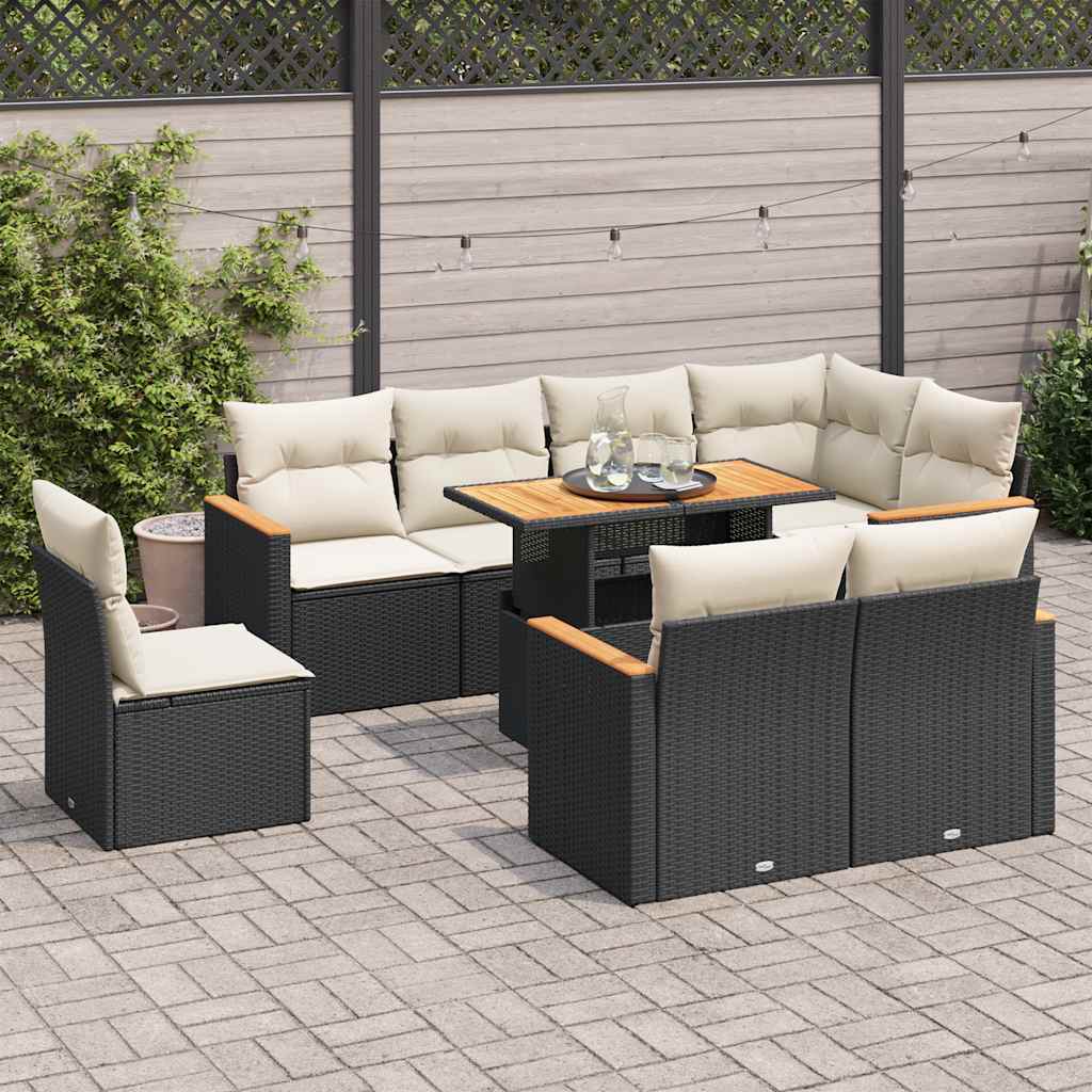 Set mobilier grădină perne 9 piese negru poliratan/lemn acacia