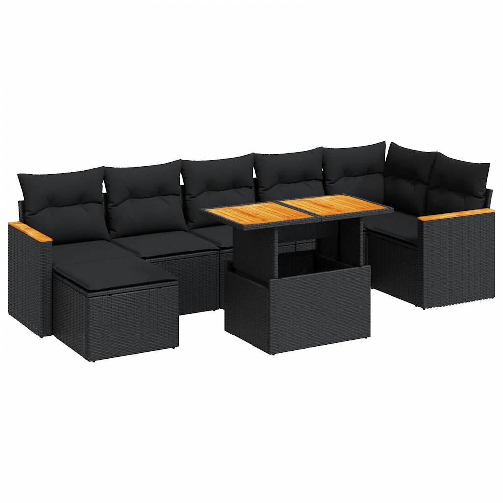 Set mobilier grădină perne 8 piese negru, poliratan/lemn acacia