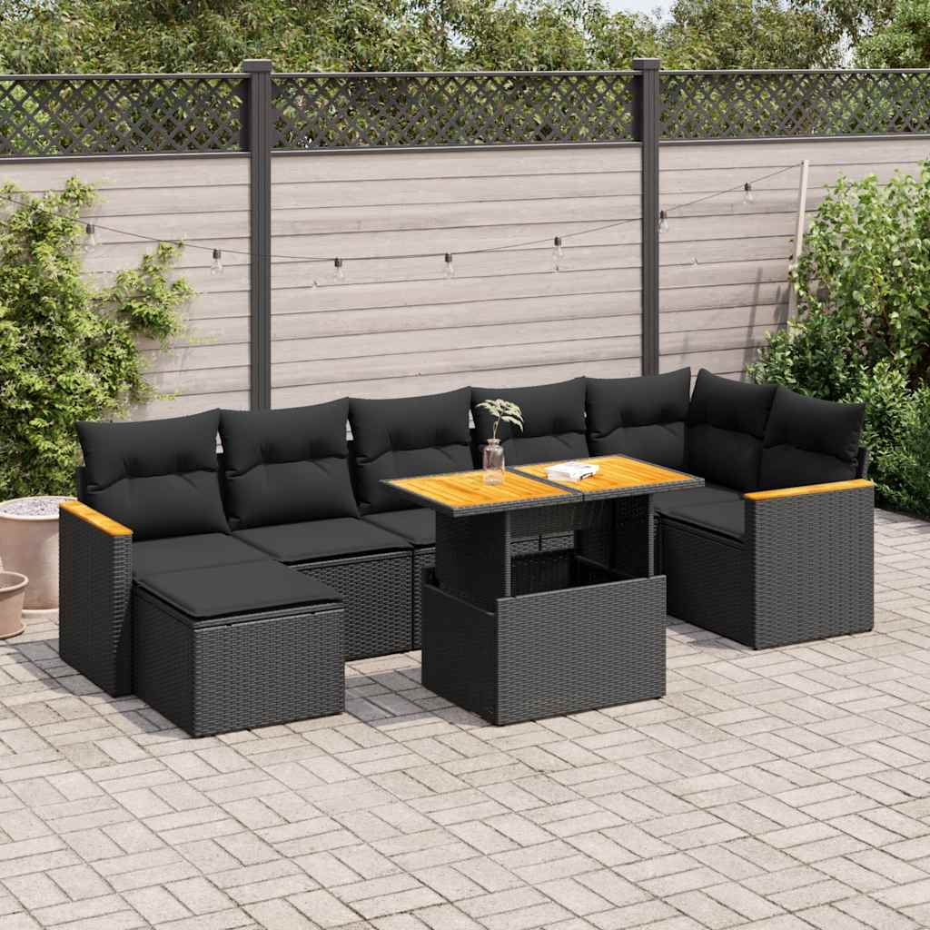 Set mobilier grădină perne 8 piese negru, poliratan/lemn acacia