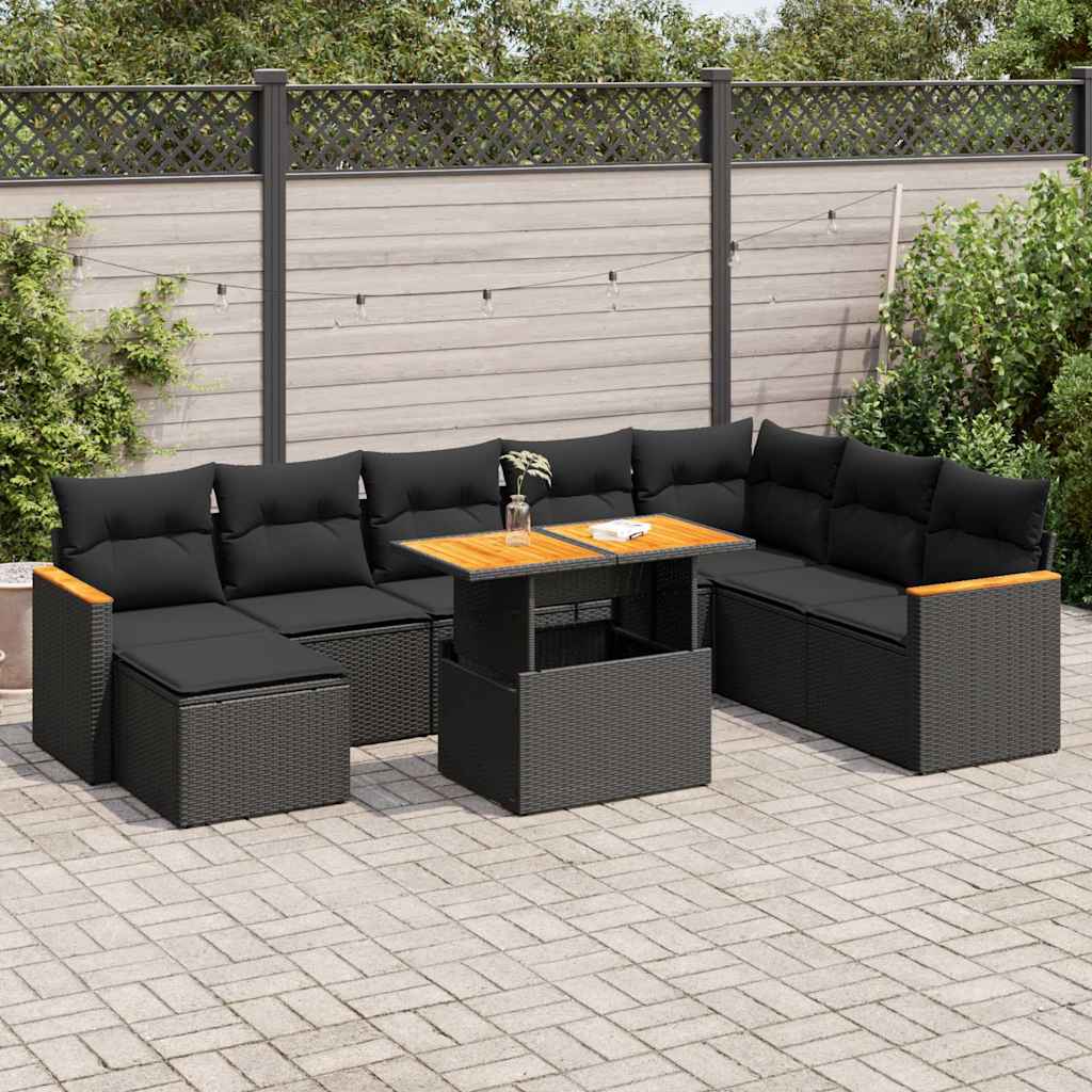 Set mobilier grădină perne 9 piese negru poliratan/lemn acacia