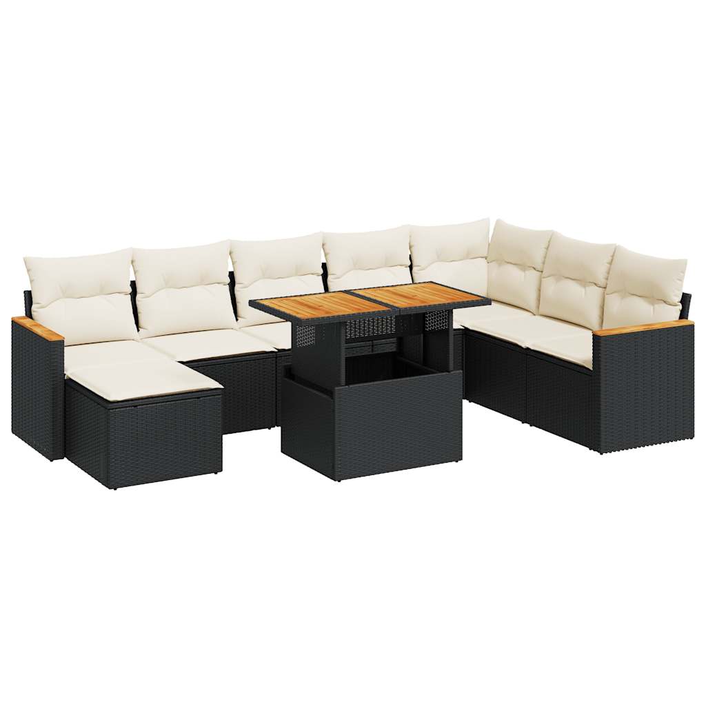 Set mobilier grădină perne 9 piese negru poliratan/lemn acacia